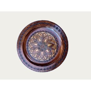 Handmade Wooden Plate 11" Inlaid Carved Burned Polish Folk Art Mcm Boho